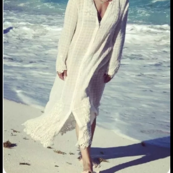 Zara linen long beige ecru shirt dress with embroidery crochet aplique - Picture 5 of 7